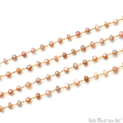 Peach Moonstone 6-7mm Gold Wire Wrapped Rondelle Faceted Bead Rosary Chain