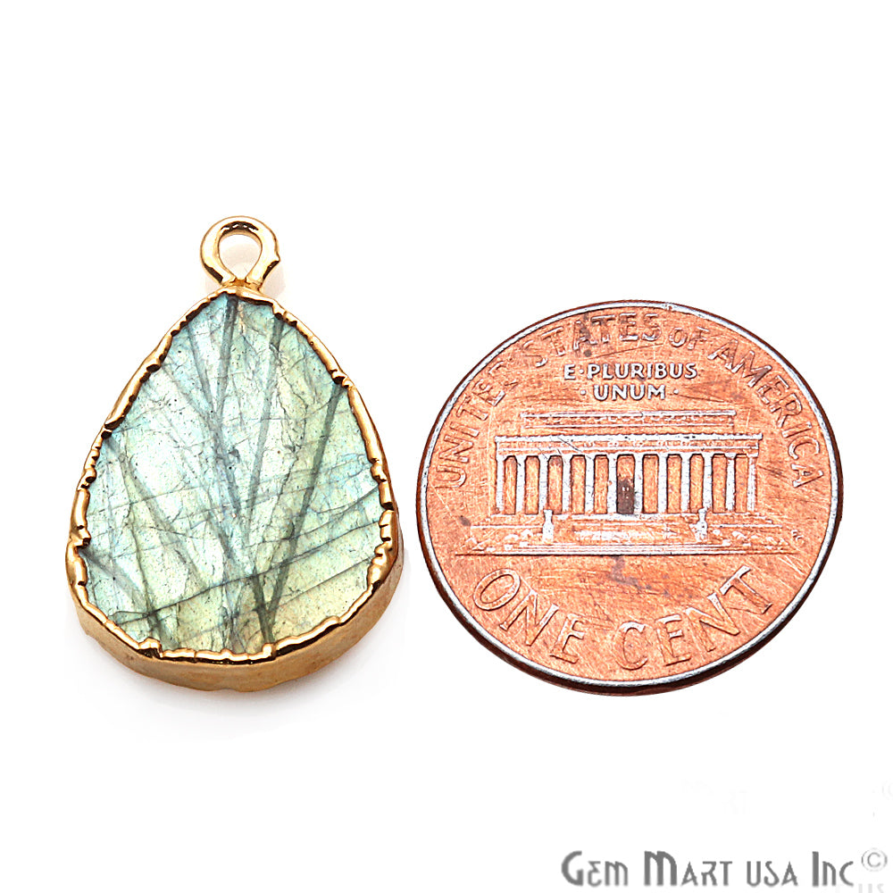 Flashy Labradorite Gemstone 15x21mm Pear Single Bail Gold Edged Connector - GemMartUSA