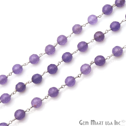 Dark Lavender Jade Faceted 8mm Silver Plated Wire Wrapped Rosary Chain - GemMartUSA