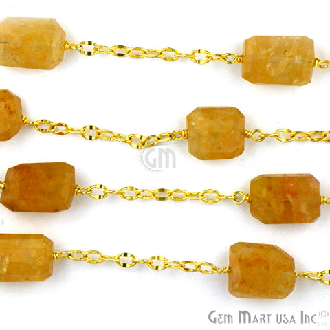 Yellow Aventurine 10-15mm Faceted Gold Wire Wrapped Rosary Chain - GemMartUSA