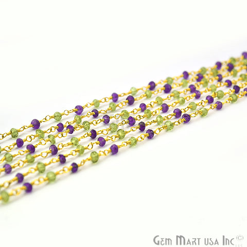 Amethyst With Peridot Gold Plated Wire Wrapped Rosary Chain
