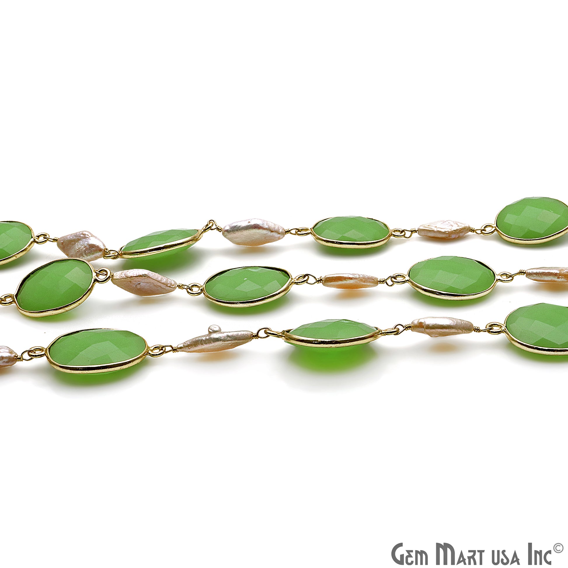 Chrysoprase Chalcedony & Pearls Faceted Gold Plated Connector Chain - GemMartUSA