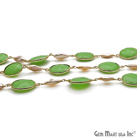 Chrysoprase Chalcedony & Pearls Faceted Gold Plated Connector Chain - GemMartUSA