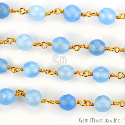 Baby Blue Jade Faceted Beads Gold Plated Wire Wrapped Rosary Chain - GemMartUSA