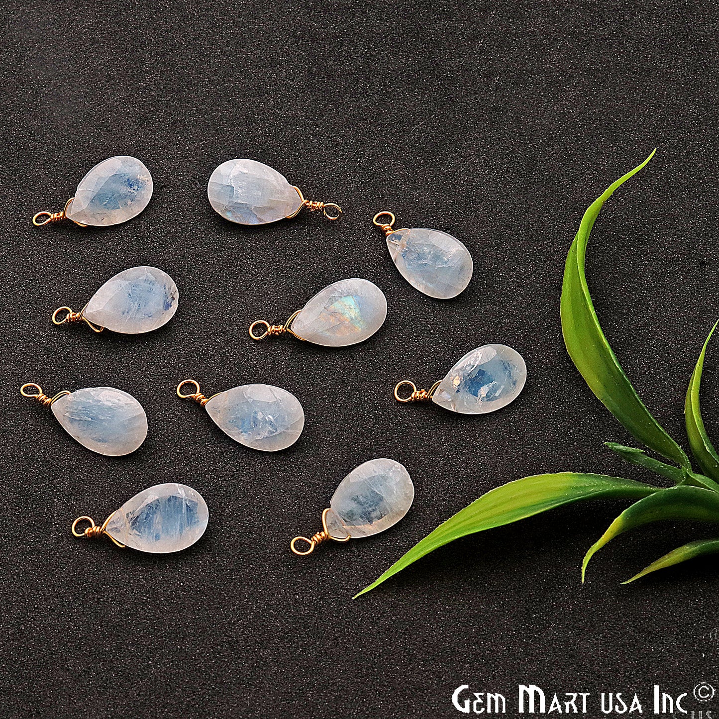 Rainbow Moonstone 8x12mm Pears Single Bail Gold Wire Wrapped Gemstone Connector - GemMartUSA