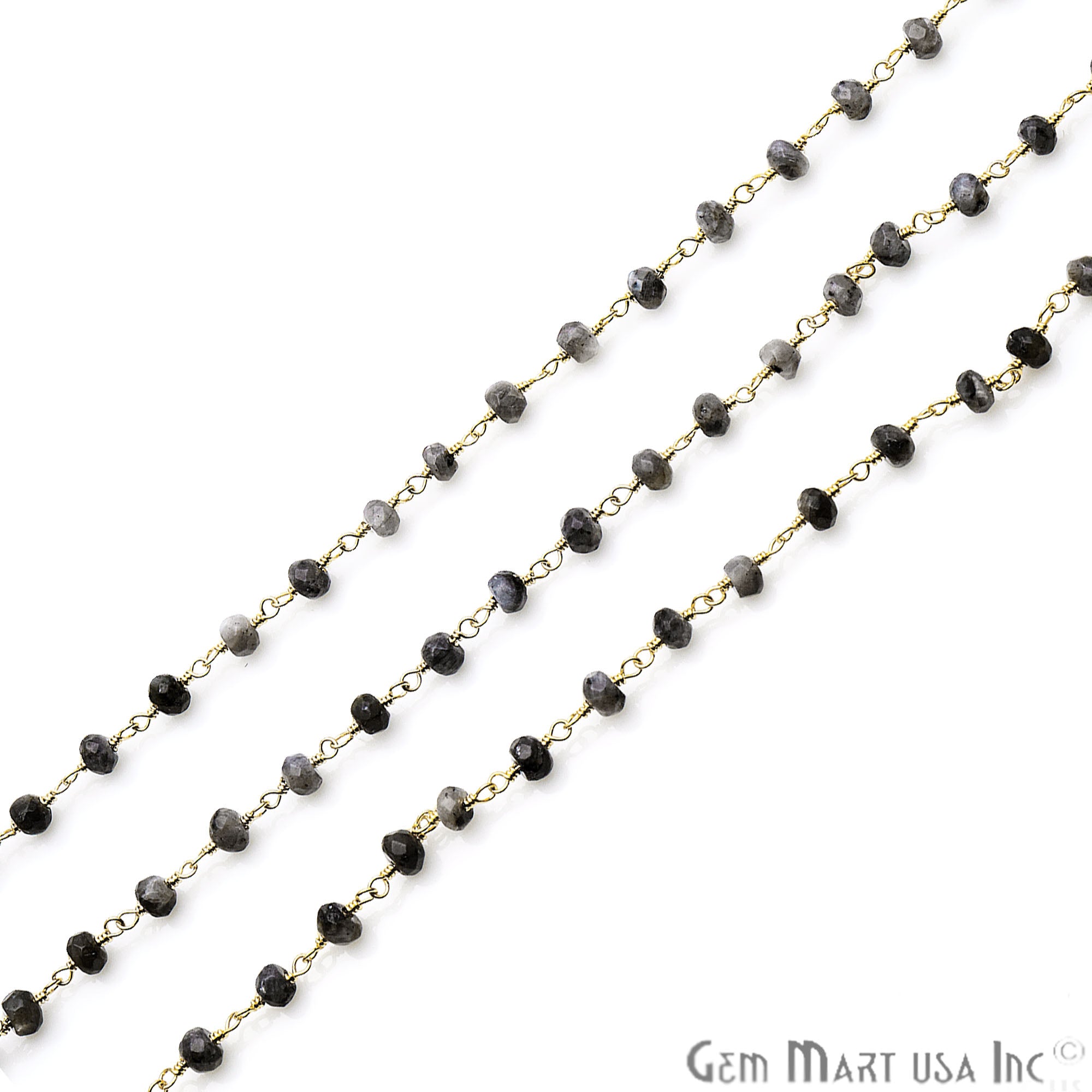 Black Rutilated Jade Faceted Beads Gold Plated Wire Wrapped Rosary Chain - GemMartUSA
