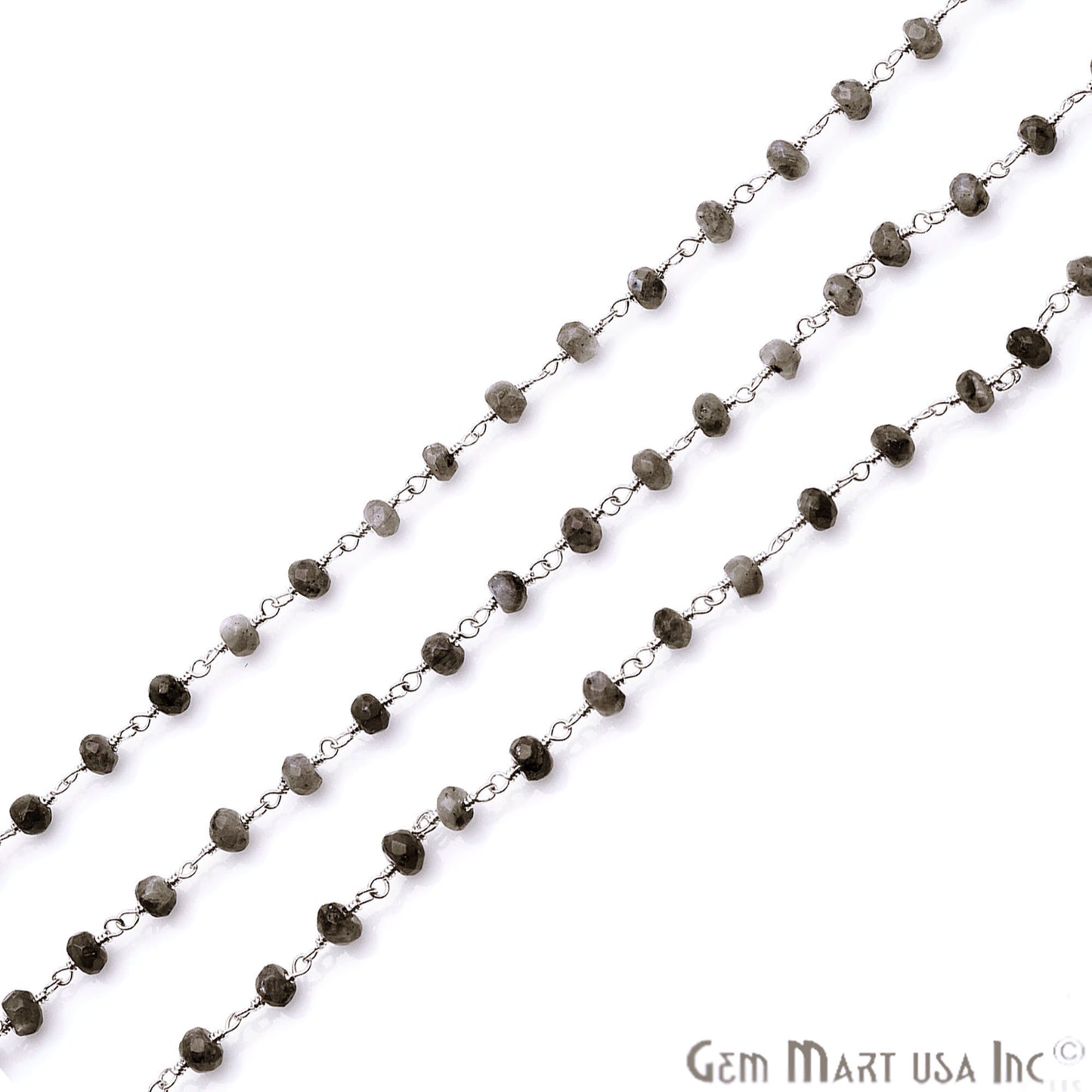 Black Rutilated Jade Faceted Beads Silver Plated Wire Wrapped Rosary Chain - GemMartUSA