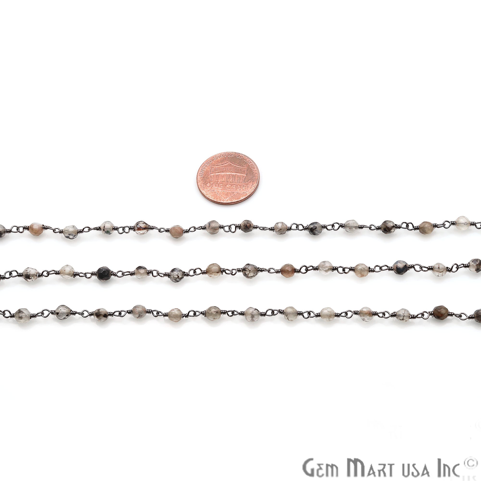 Brown Rutile Jade Faceted Beads 4mm Oxidized Plated Wire Wrapped Rosary Chain - GemMartUSA