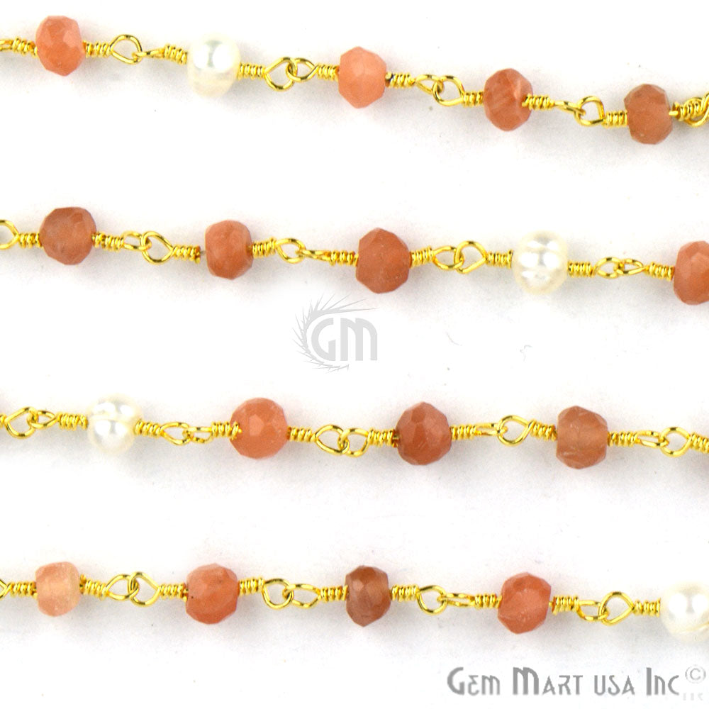 Sunstone With Pearl Gold Plated Wire Wrapped Beads Rosary Chain - GemMartUSA