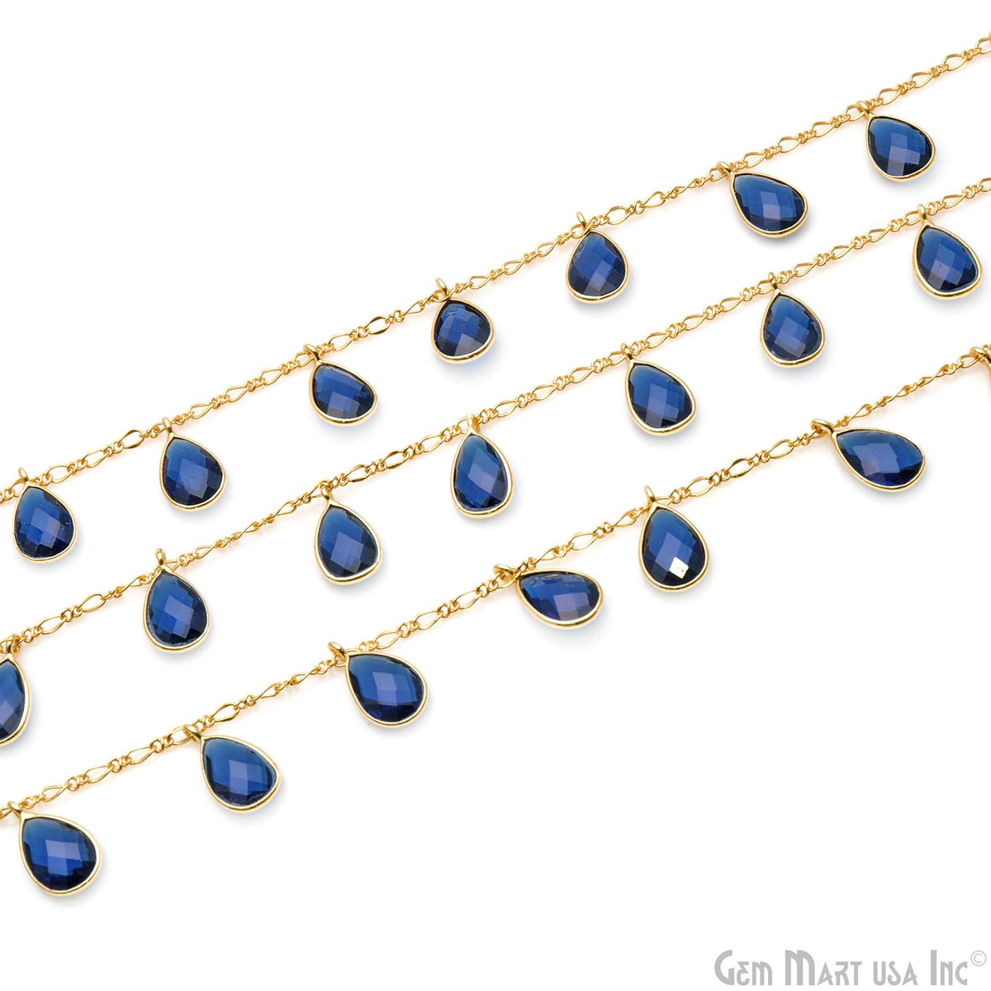 Sapphire Pears Gold Bezel Connector Dangle Rosary Chain