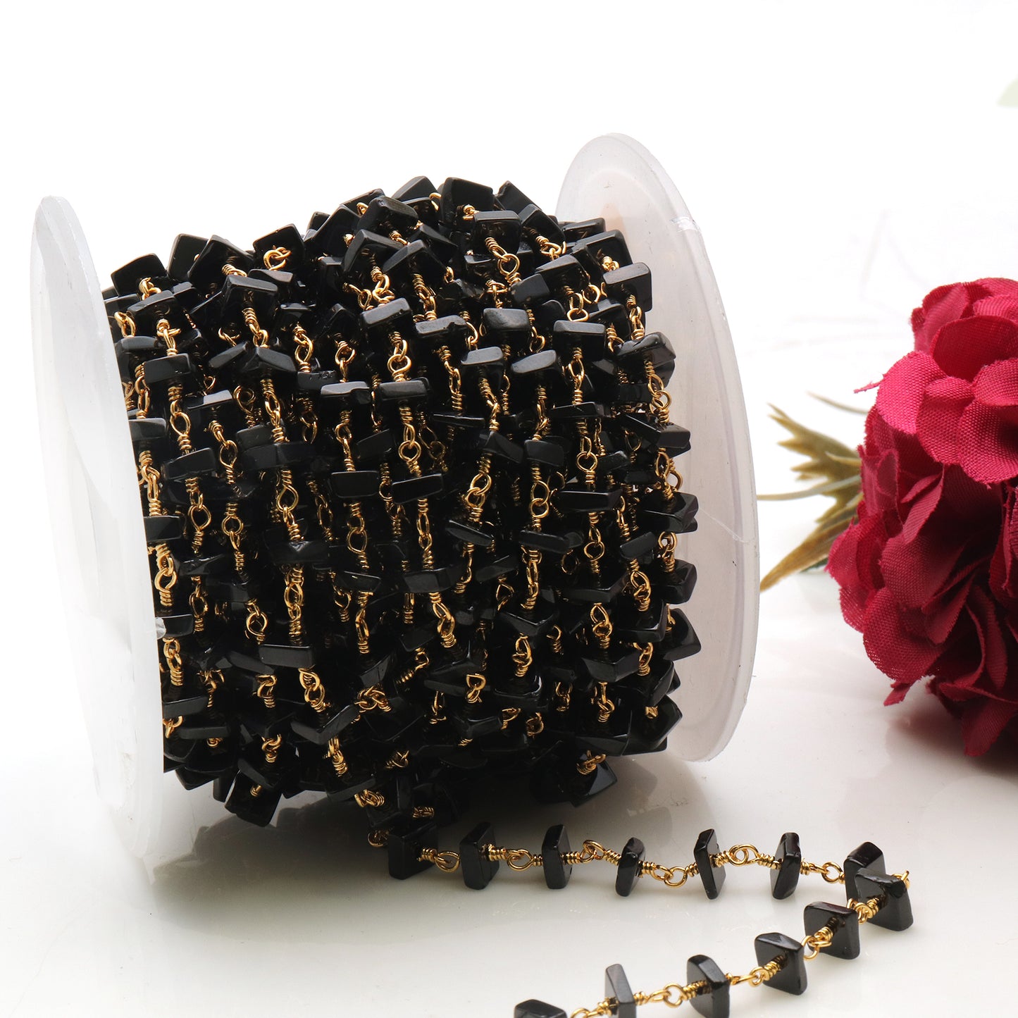 Black Spinel Square Beads 4-5mm Gold Wire Wrapped Rosary Chain