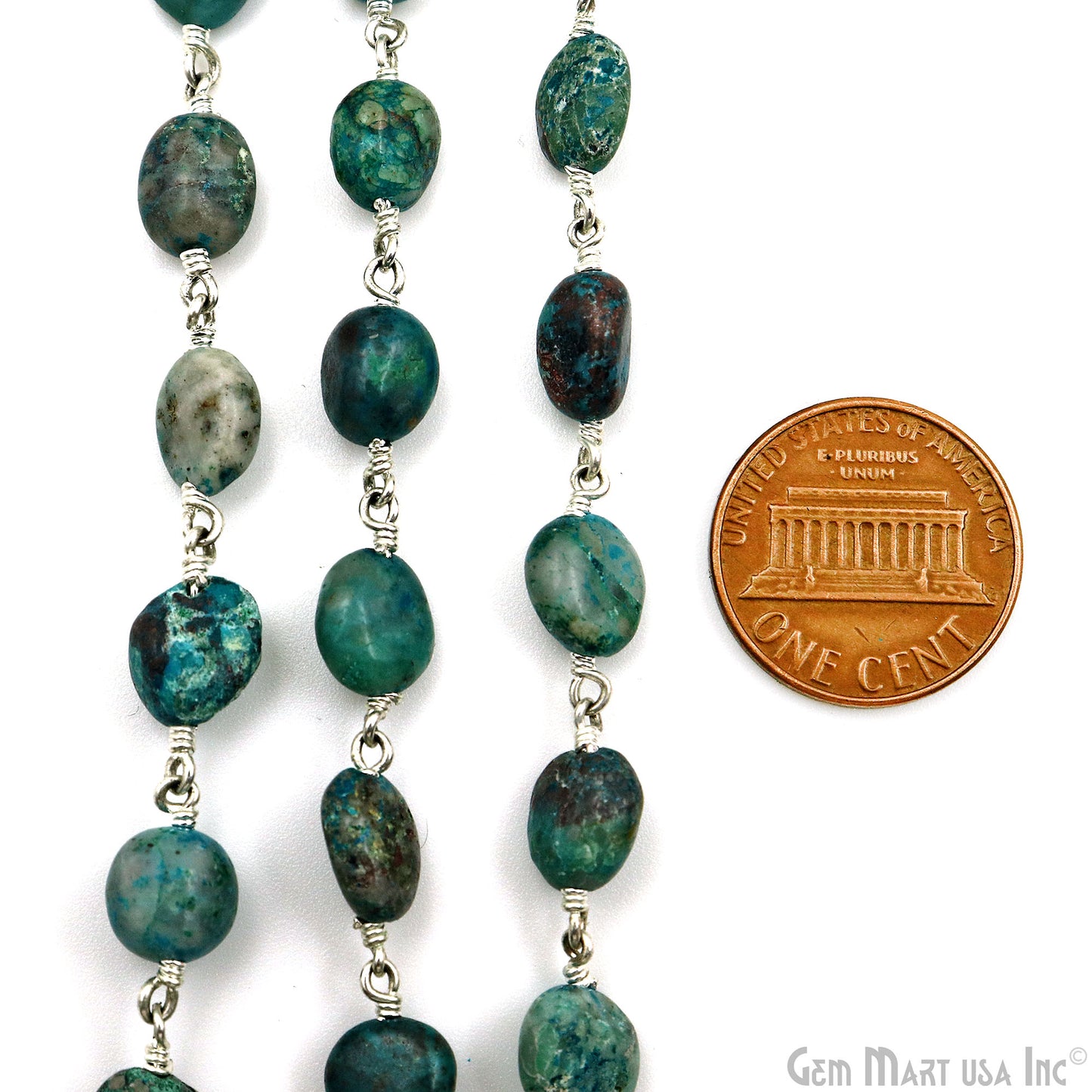 Chrysocolla Tumble Beads 8x5mm Silver Plated Gemstone Rosary Chain