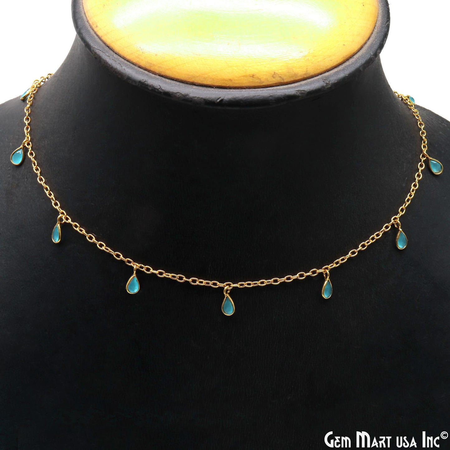 Sky Blue Chalcedony Pear Bezel 5x4mm Gold Plated Dangle Fancy Rosary Chain