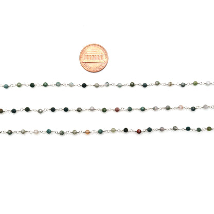 Indian Agate Jade Faceted 3-3.5mm Silver Plated Beaded Wire Wrapped Rosary Chain