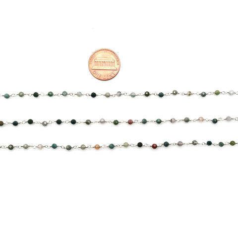 Indian Agate Jade Faceted 3-3.5mm Silver Plated Beaded Wire Wrapped Rosary Chain