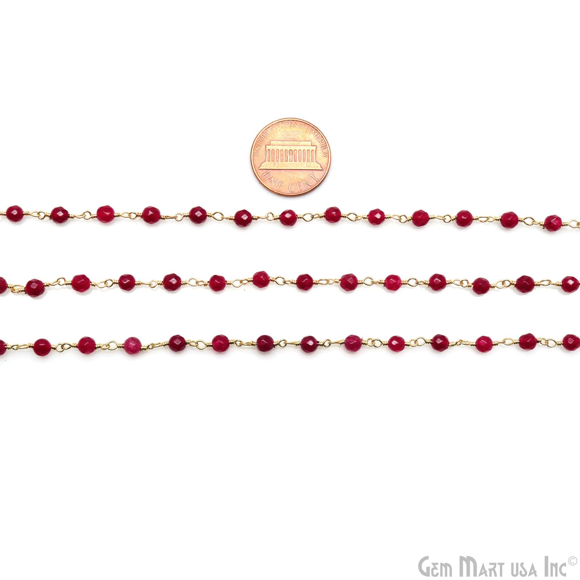 Ruby Chalcedony 4mm Faceted Beads Gold Wire Wrapped Rosary