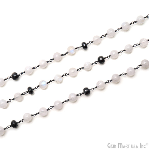 Rainbow Moonstone & Black Pyrite  Oxidized Cabochon Beads Rosary Chain