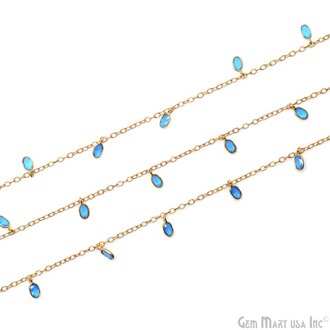 Sky Blue Chalcedony Oval 5x3mm Gold Plated Bezel Connector Dangle Rosary Chain