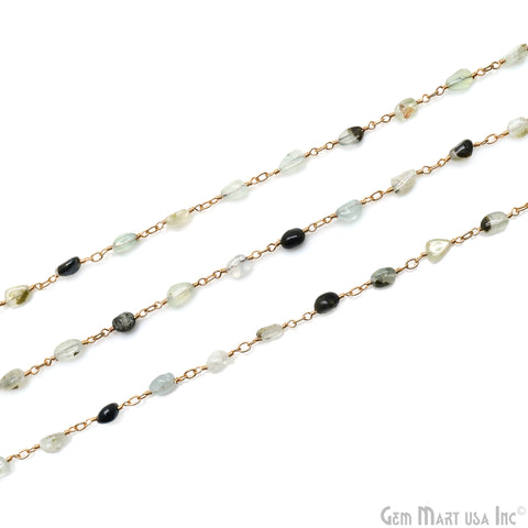 Green Rutile Tumble Beads 8x5mm Gold Wire Wrapped Rosary Chain