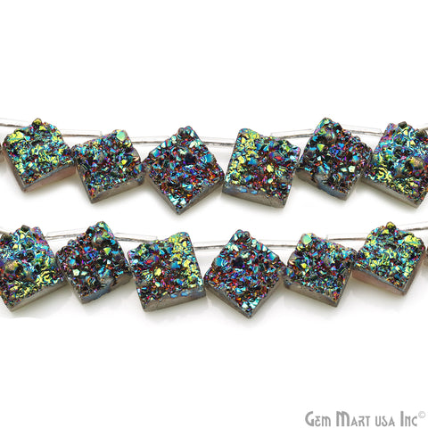 Green Druzy Square Beads, 8 Inch Gemstone Strands, Drilled Strung Briolette Beads, Square Shape, 10-14mm