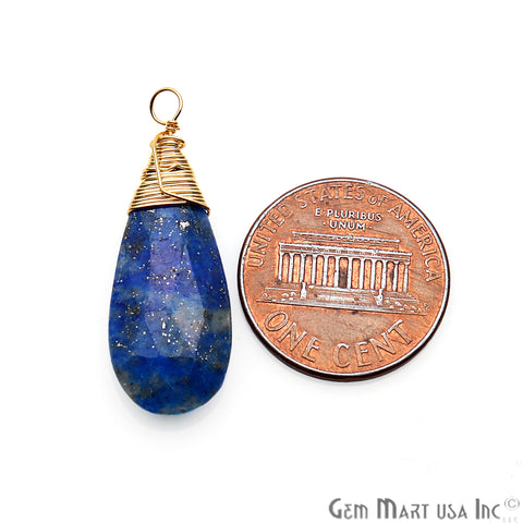 Lapis Lazuli 31x12mm Pear Shaped Gold Wire Wrapped Connector Pendant - GemMartUSA