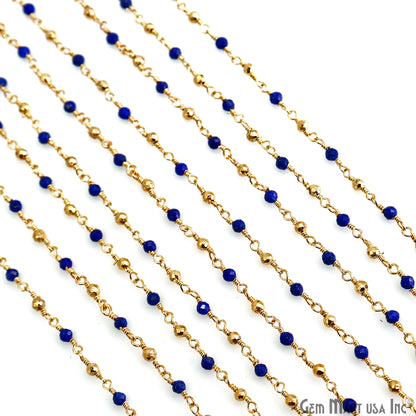 Lapis & Golden Pyrite 2-2.5mm Tiny Beads Gold Plated Wire Wrapped Rosary Chain