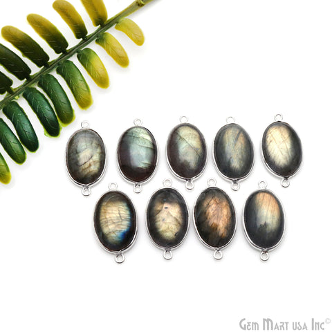 Flashy Labradorite Cabochon 13x20mm Oval Double Bail Silver Plated Gemstone Connector