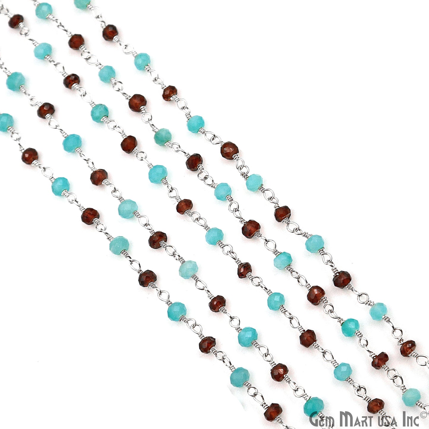 Garnet & Amazonite Beads 3-3.5mm Silver Plated Wire Wrapped Rosary Chain