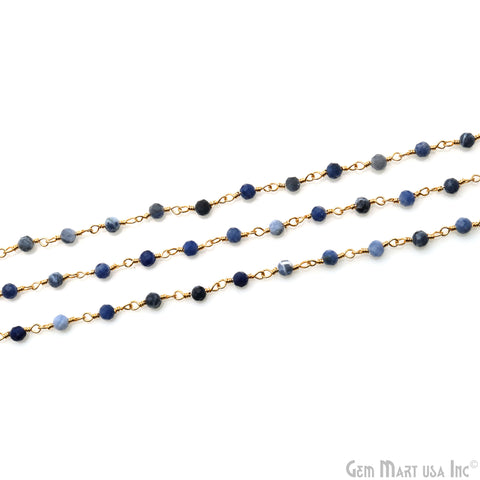 Sodalite 3-3.5mm Gold Plated Beaded Wire Wrapped Rosary Chain