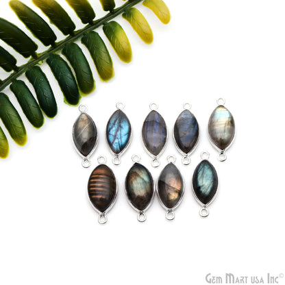 Flashy Labradorite Cabochon 9x16mm Marquise Double Bail Silver Plated Gemstone Connector