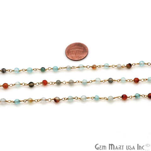 Blue Onyx Jade Faceted Beads Gold Plated Wire Wrapped Rosary Chain - GemMartUSA