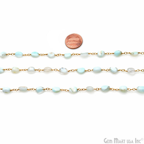 Light Amazonite Tumble Beads 8x5mm Gold Wire Wrapped Rosary Chain