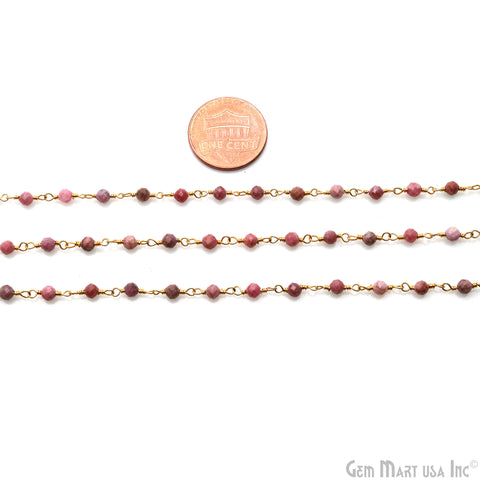 Rhodochrosite Faceted Beads 3-3.5mm Gold Plated Wire Wrapped Rosary Chain