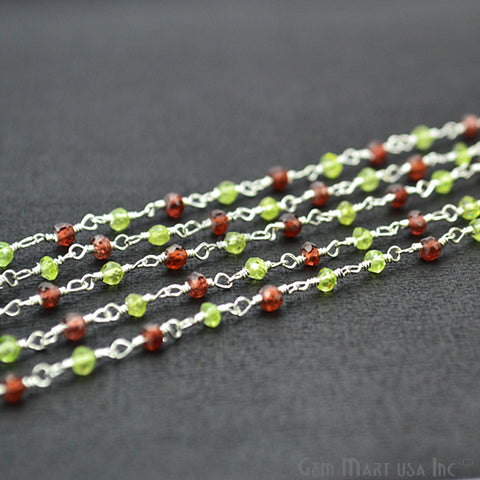 Garnet With Peridot Silver Plated Wire Wrapped Rosary Chain