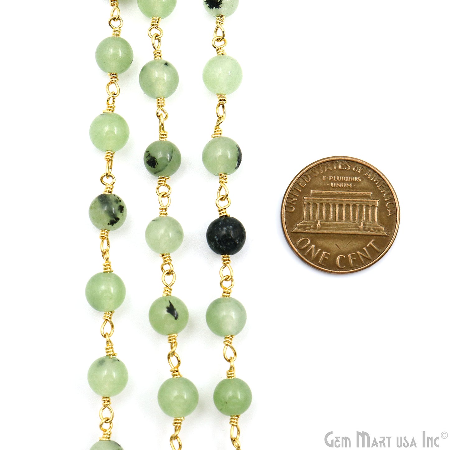 Green Rutile Jade Cabochon Beads 6mm Gold Plated Gemstone Rosary Chain