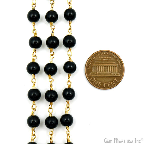 Black Tourmaline Cabochon Beads 6mm Gold Plated Gemstone Rosary Chain
