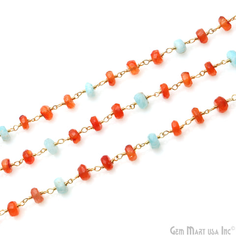 Amazonite & Carnelian Beads Gold Wire Wrapped Rosary Chain