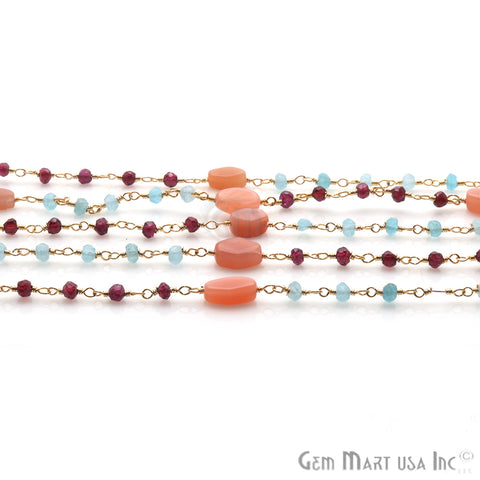 Moonstone 10x6mm Aqua Chalcedony and Rhodolite 3-4mm Beaded Gold Plated Wire Wrapped Rosary Chain - GemMartUSA