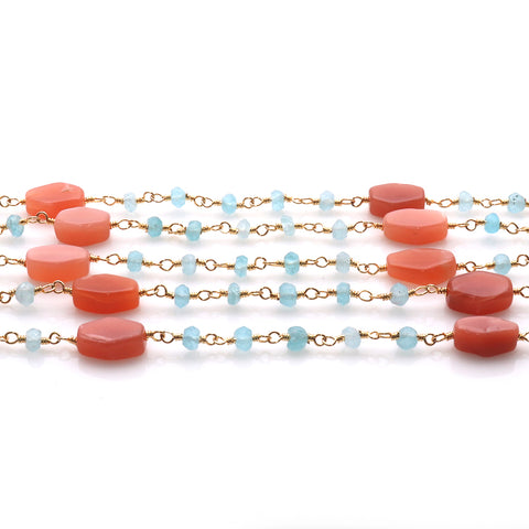 Moonstone 10x6mm Aqua Chalcedony 3-4mm Beaded Gold Plated Wire Wrapped Rosary Chain - GemMartUSA