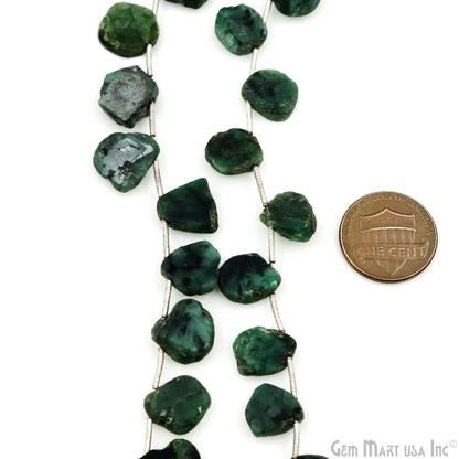 Rough Emerald Rough Beads, 9 Inch Gemstone Strands, Drilled Strung Briolette Beads, Free Form, 13x10mm