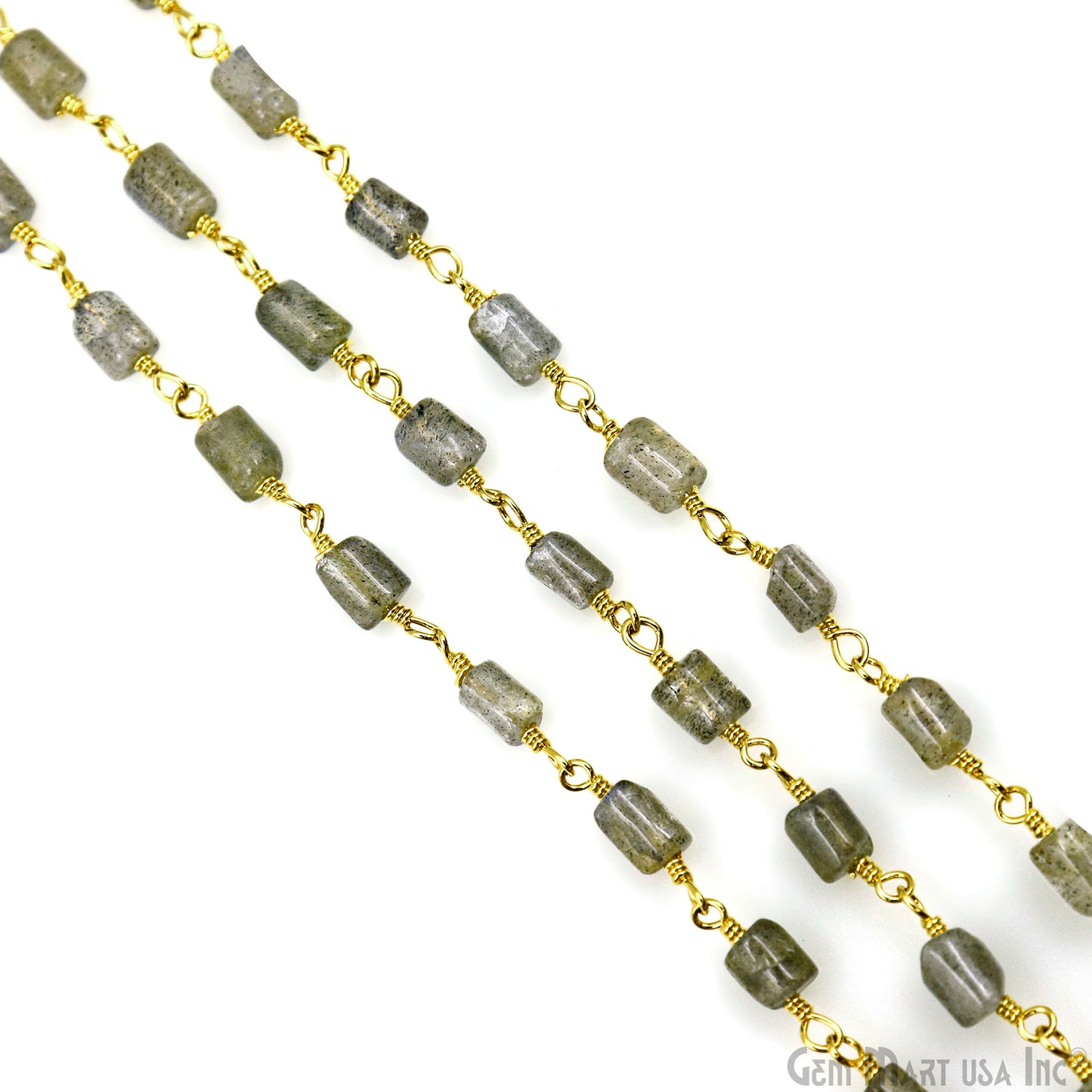 Labradorite Cabochon Tumble Beads 10x5mm Gold Plated Wire Wrapped Rosary Chain