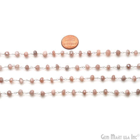 Peach Moonstone 6-7mm Silver Wire Wrapped Rondelle Faceted Bead Rosary Chain