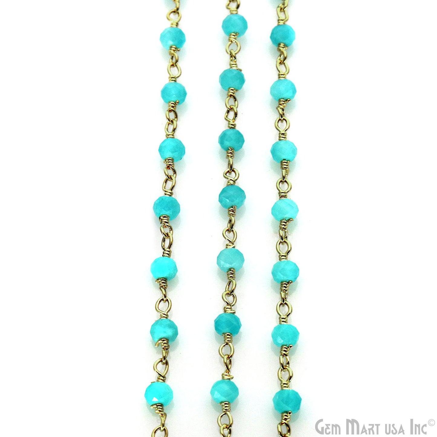 Dark Aqua Chalcedony Faceted Round 3-3.5mm Tiny Beads Gold Plated Wire Wrapped Rosary Chain