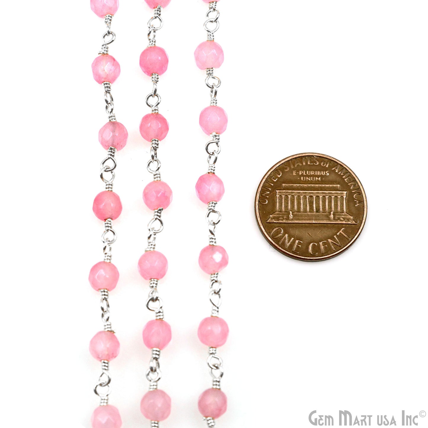 Light Pink Jade Beads 4mm Silver Plated Wire Wrapped Rosary Chain