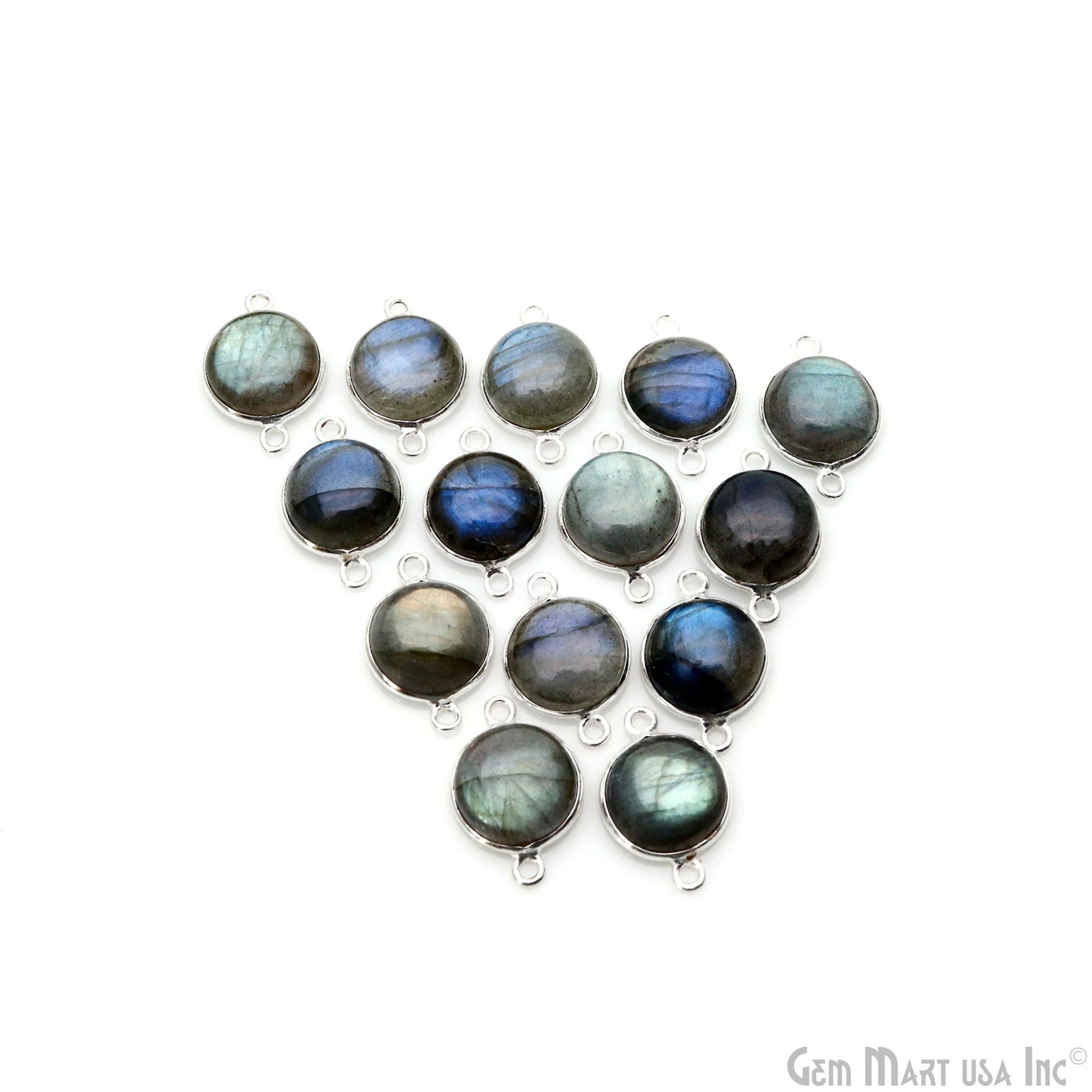 Flashy Labradorite Cabochon 11mm Round Double Bail Silver Plated Gemstone Connector