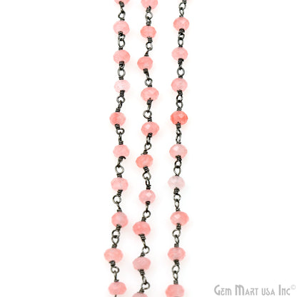 Pink Peach Jade Faceted 4mm Beads Oxidized Wire Wrapped Rosary Chain