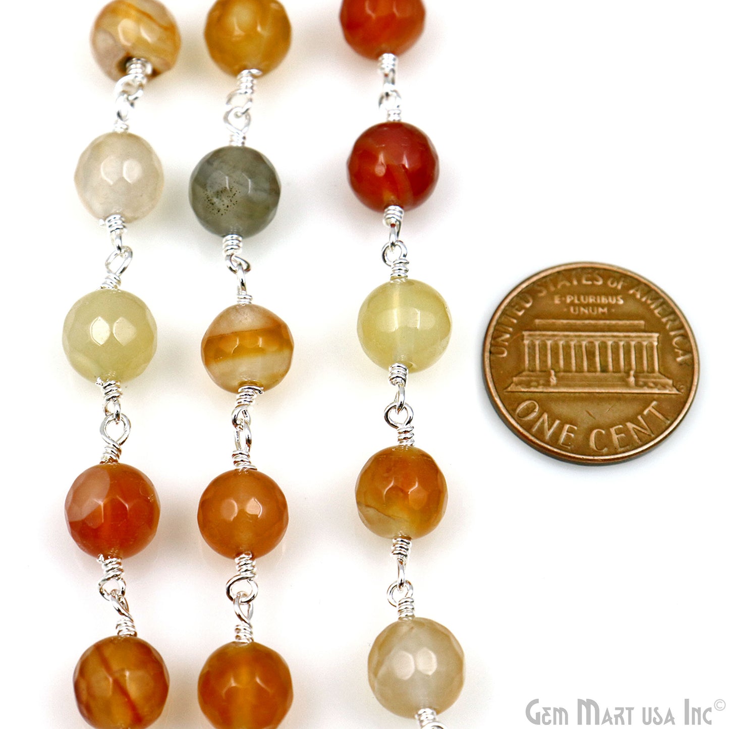 Shaded Carnelian jade Faceted Beads 8mm Silver Wire Wrapped Rosary Chain