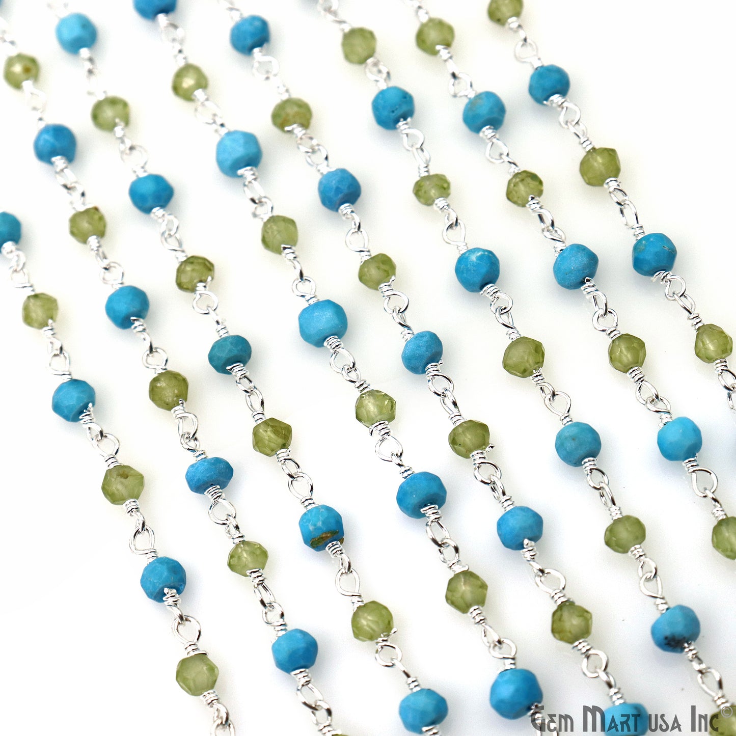 Turquoise & Peridot Bracelet 3-3.5mm Silver Plated Wire Beads Rosary Chain