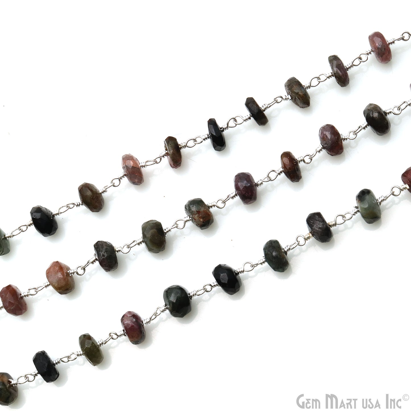 Multi Tourmaline Faceted Beads 7-8mm Silver Plated Wire Wrapped Rosary Chain