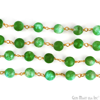 Light Green Jade Faceted Beads 8mm Gold Plated Wire Wrapped Rosary Chain